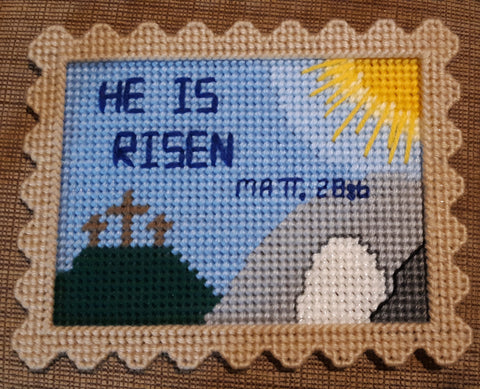 Plastic canvas "He Is Risen" picture
