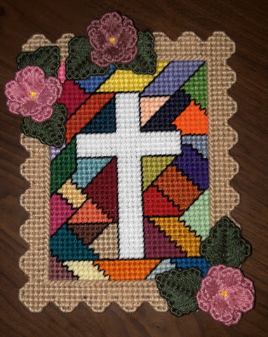 Plastic canvas stained glass cross picture with 3D flower frame
